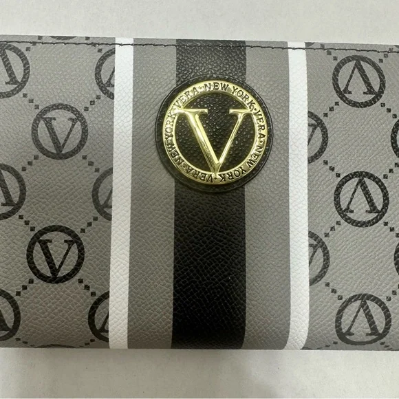 Vera New York Wallet Womens Black Signature Logo Zip Around Stripe Geometric New - Picture 3 of 10